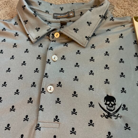 Peter Millar Men XLarge Gray Skull All Over Print Summer Comfort Golf Polo Shirt - Picture 6 of 8